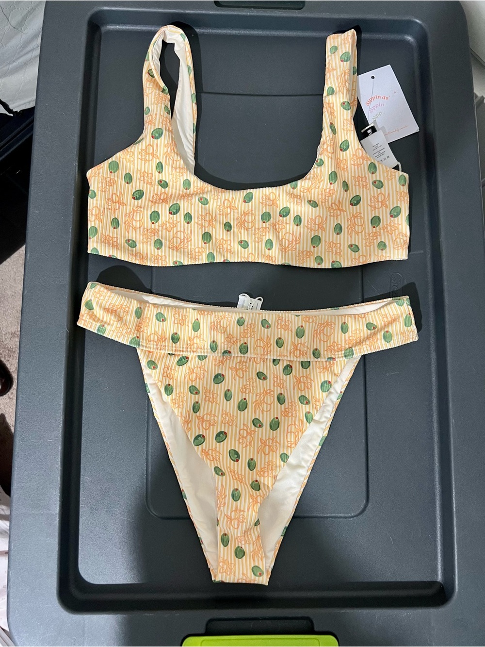 Dippin’ DaisyYellow Scoop Bikini Top & High Waist Bottoms with Olive Dot Pattern